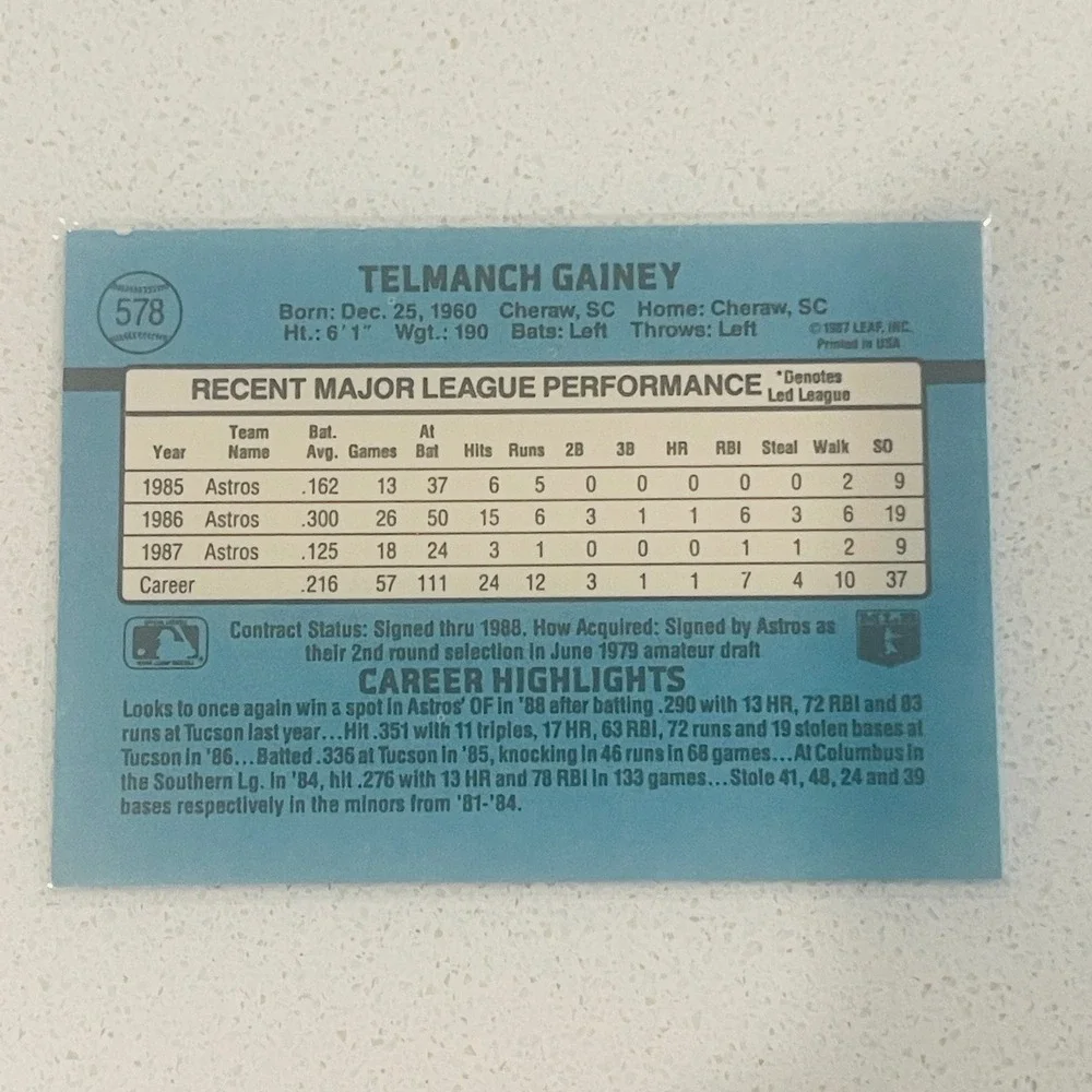 1988 Donruss Ty Gainey 578 Houston Astros Baseball Card Outfielder Vintage MLB